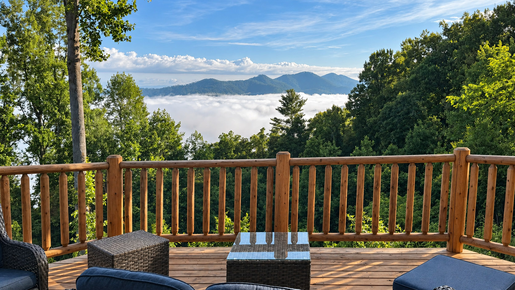Covered porch overlooking clouds settled between Blue Ridge ridgelines