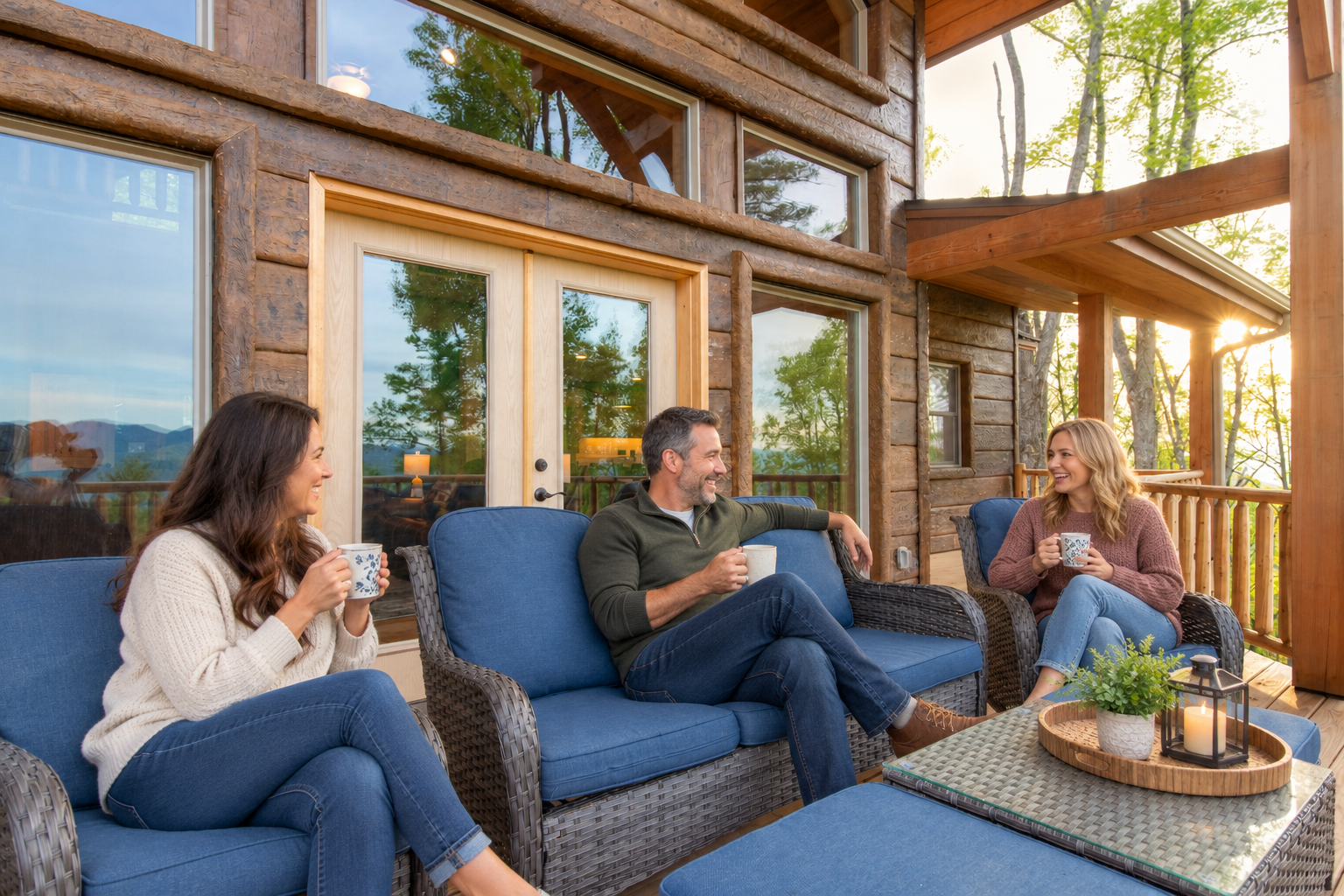 Guests sharing coffee on the covered deck