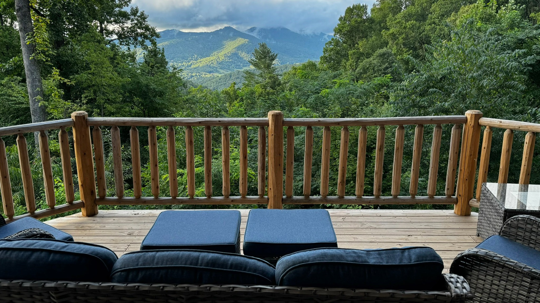 Mountain ridgelines viewed from the cabin’s covered deck