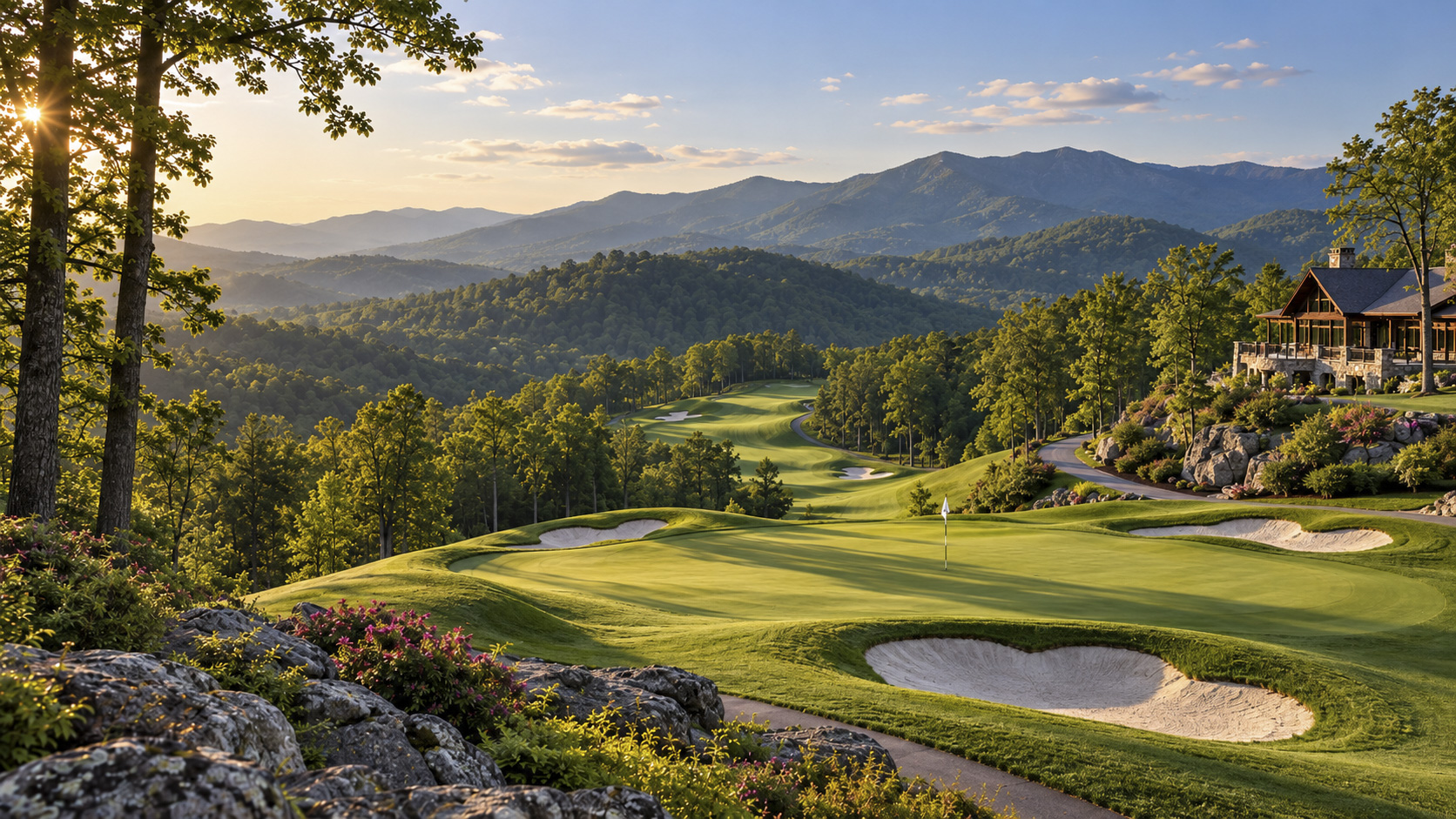 A golf course set against rolling Blue Ridge Mountain scenery