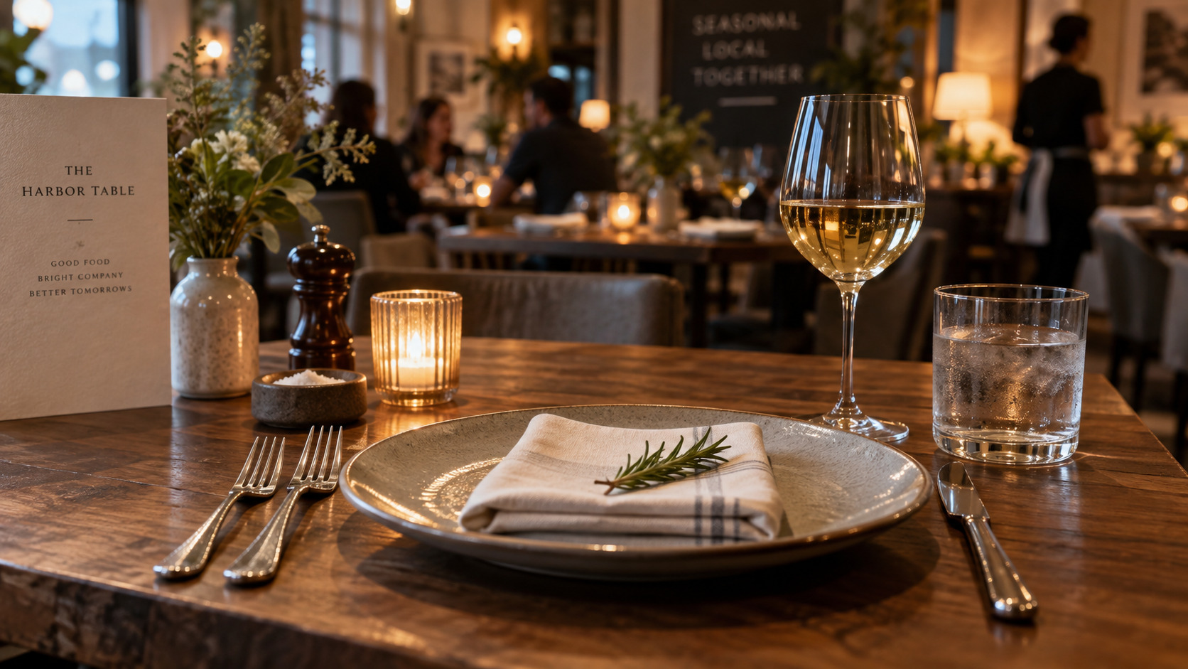 An inviting restaurant dining room with a set table, wine, and warm evening light