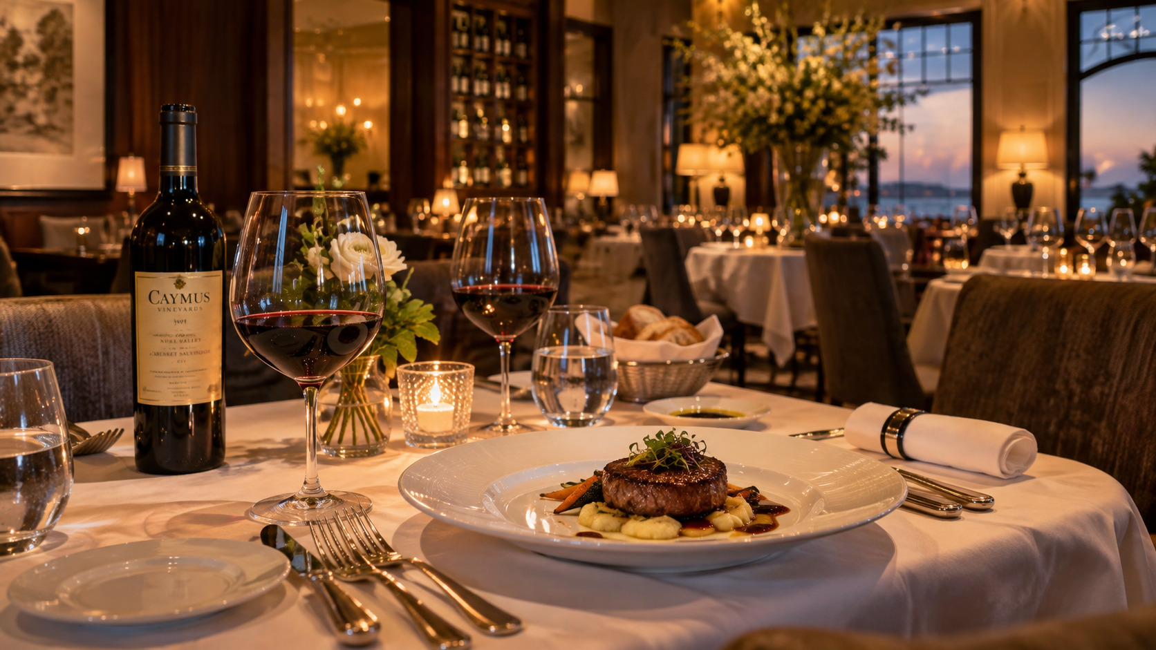 An elegantly plated meat course with greens, nuts, and a sweep of dark sauce on a white plate