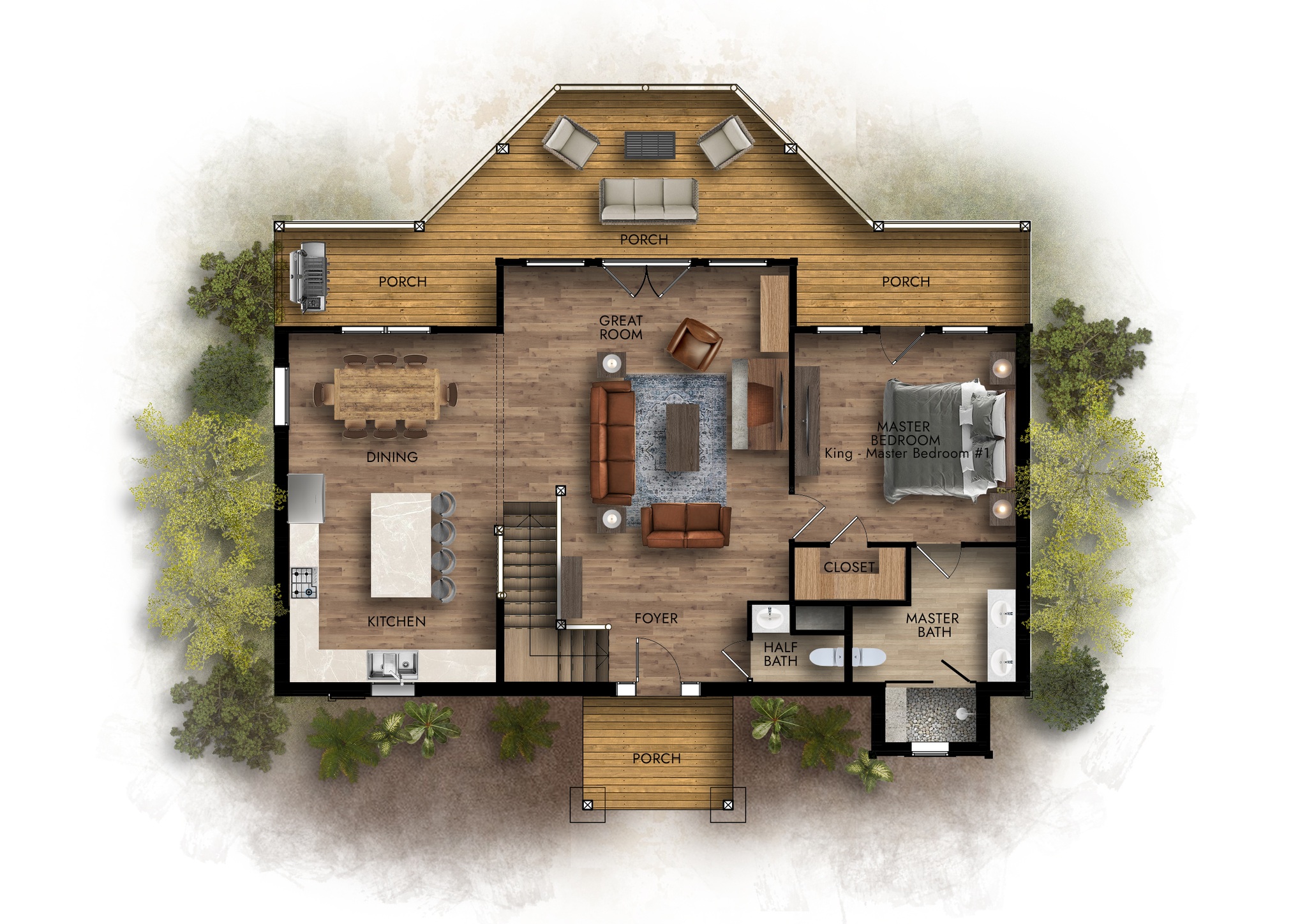 Ground-floor layout showing the main living spaces, bedroom, bathroom, and porch