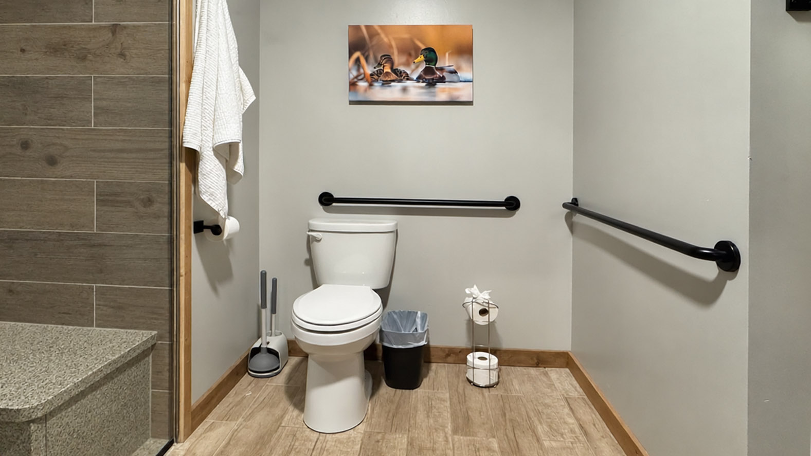 Main-floor suite bathroom showing toilet grab bars